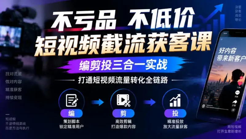 不亏品不低价短视频截流获客课，编剪投三合一实战，打通短视频流量转化全链路-大伟资源网
