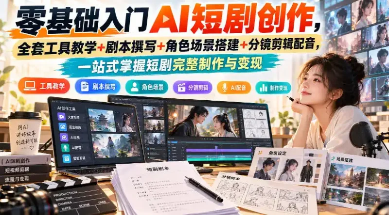 零基础入门AI短剧创作，全套工具教学+剧本撰写+角色场景搭建+分镜剪辑配音，一站式掌握短剧完整制作与变现-大伟资源网