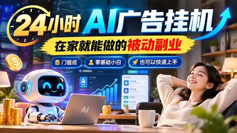 24小时AI广告挂机｜在家就能做的被动副业，门槛低，零基础小白也可以快速上手-大伟资源网