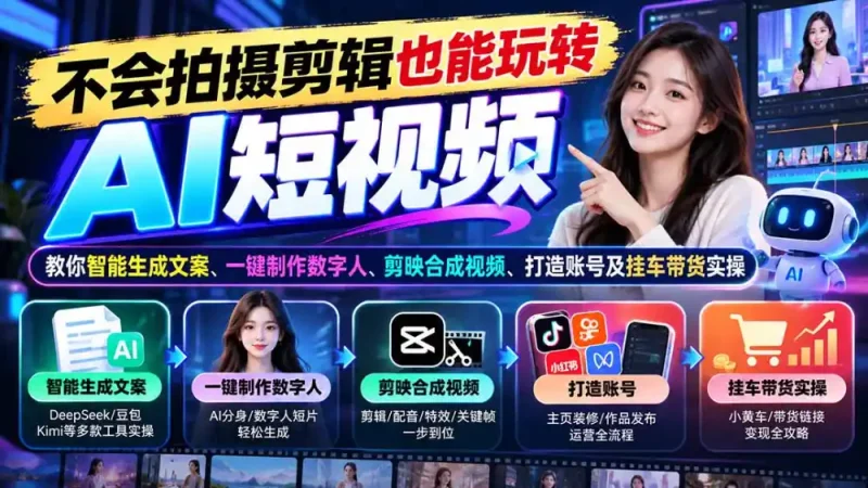 不会拍摄剪辑也能玩转AI短视频：教你智能生成文案、一键制作数字人、剪映合成视频、打造账号及挂车带货实操-大伟资源网