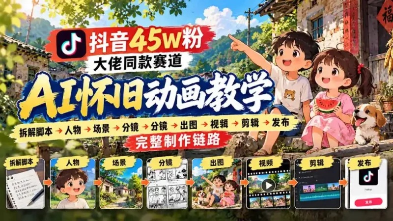抖音45W粉大佬同款赛道AI怀旧动画教学：拆解脚本→人物→场景→分镜→出图→视频→剪辑→发布完整制作链路-大伟资源网