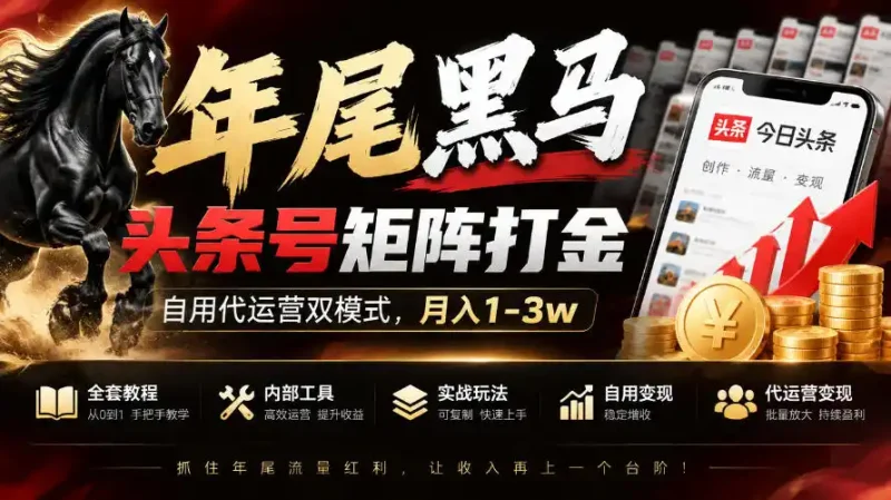 【年尾黑马】头条号矩阵打金，自用代运营双模式，月入1-3w，附全套教程及内部工具【揭秘】-大伟资源网