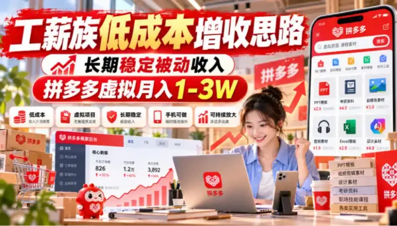 工薪族低成本增收思路，长期稳定被动收入，拼多多虚拟月入1-3W-大伟资源网