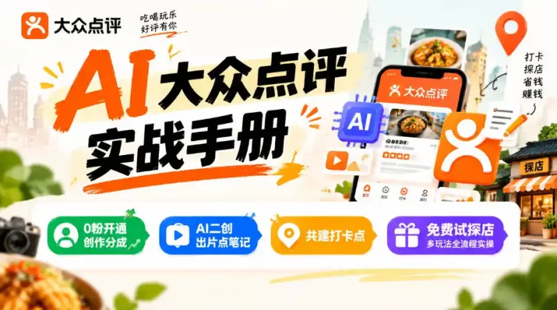 某局的AI大众点评实战手册，0粉开通创作分成、AI二创出片点笔记、共建打卡点、免费试探店多玩法全流程实操-大伟资源网
