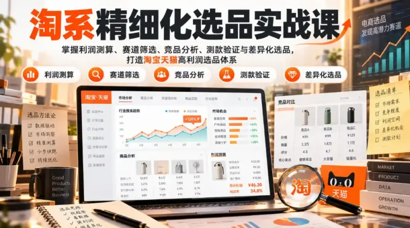 货架电商精细化选品实战课：掌握利润测算、赛道筛选、竞品分析、测款验证与差异化选品，打造淘宝天猫高利润选品体系-大伟资源网