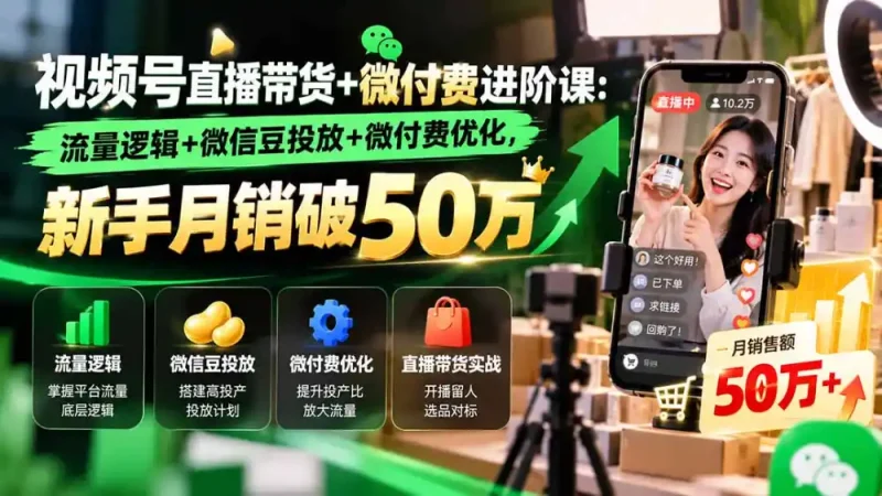 视频号直播带货+微付费进阶课-更新1010：流量逻辑+微信豆投放+微付费优化，新手月销破50万-大伟资源网