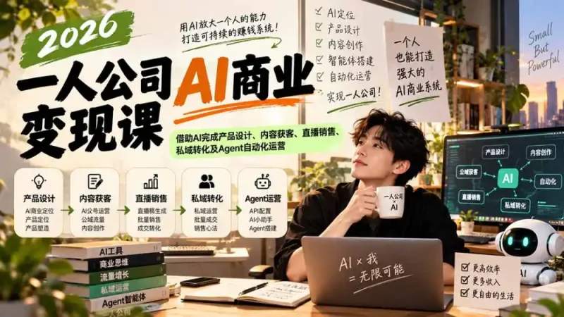 2026一人公司AI商业变现课：借助AI完成产品设计、内容获客、直播销售、私域转化及Agent自动化运营-大伟资源网
