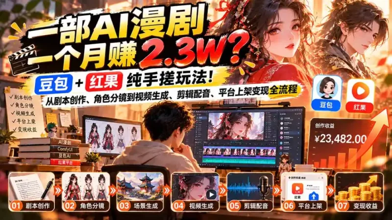 一部AI漫剧一个月赚2.3W？豆包+红果纯手搓玩法！从剧本创作、角色分镜到视频生成、剪辑配音、平台上架变现全流程-大伟资源网