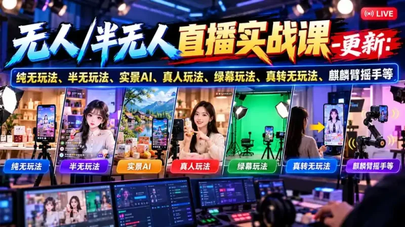 无人/半无人直播实战课-10月20更新：纯无玩法、半无玩法、实景AI、真人玩法、绿幕玩法、真转无玩法、麒麟臂摇手等-大伟资源网
