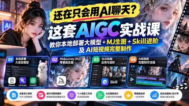 【无水印】还在只会用AI聊天？这套AIGC实战课教你本地部署大模型+MJ生图+Skill进阶及AI短视频完整制作-大伟资源网
