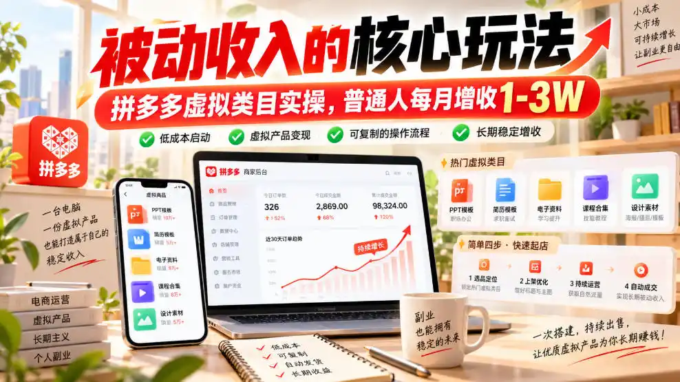 被动收入的核心玩法，拼多多虚拟类目实操，普通人每月增收1-3W【揭秘】