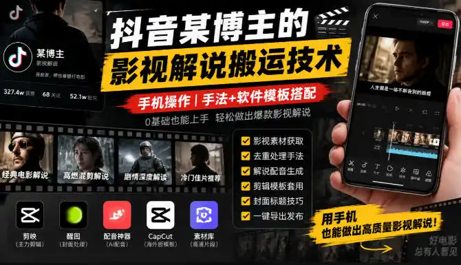 抖音某博主的影视解说搬运技术，手机操作，手法+软件模板搭配-大伟资源网