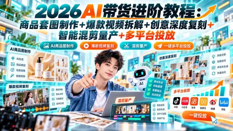 2026AI带货进阶教程：商品套图制作+爆款视频拆解+创意深度复刻+智能混剪量产+多平台投放-大伟资源网