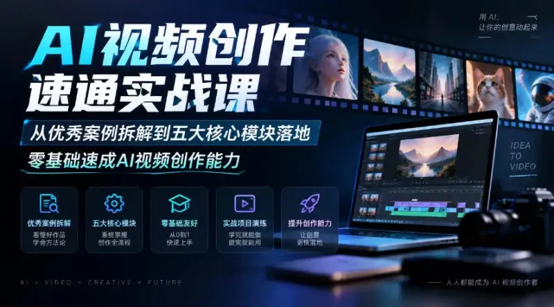 AI视频创作速通实战课｜从优秀案例拆解到五大核心模块落地，零基础速成AI视频创作能力-大伟资源网
