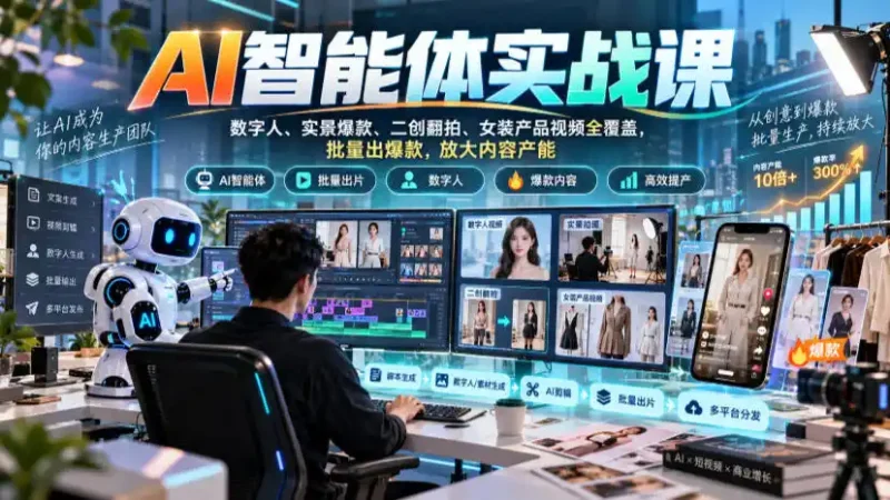 AI智能体实战课，数字人、实景爆款、二创翻拍、女装产品视频全覆盖，批量出爆款，放大内容产能-大伟资源网