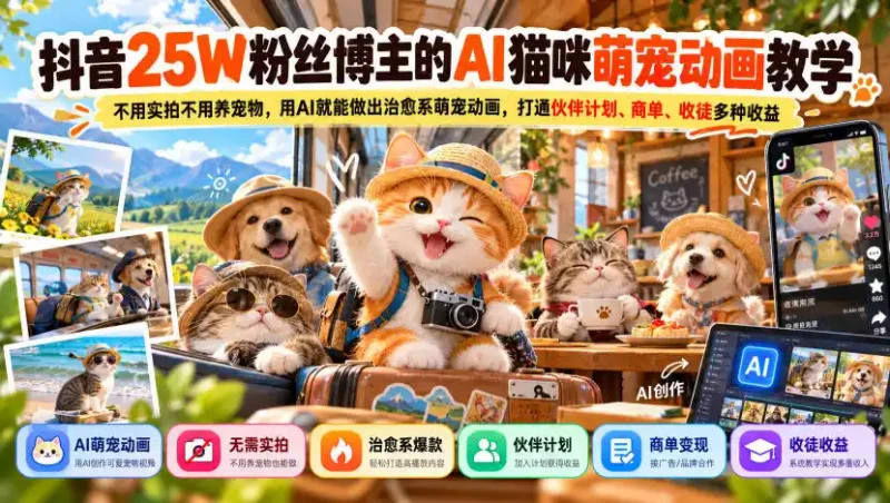 抖音25W粉丝博主的AI猫咪萌宠动画教学，不用实拍不用养宠物，用AI就能做出治愈系萌宠动画，打通伙伴计划、商单、收徒多种收益-大伟资源网