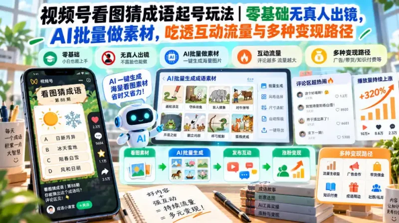 视频号看图猜成语起号玩法｜零基础无真人出镜，AI批量做素材，吃透互动流量与多种变现路径-大伟资源网