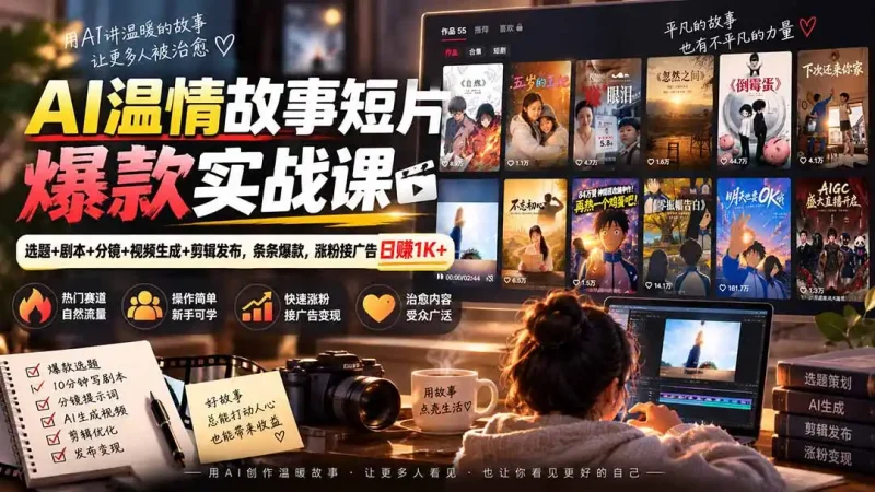 AI温情故事短片爆款实战课-更新｜选题+剧本+分镜+视频生成+剪辑发布，条条爆款，涨粉接广告日赚1K+-大伟资源网