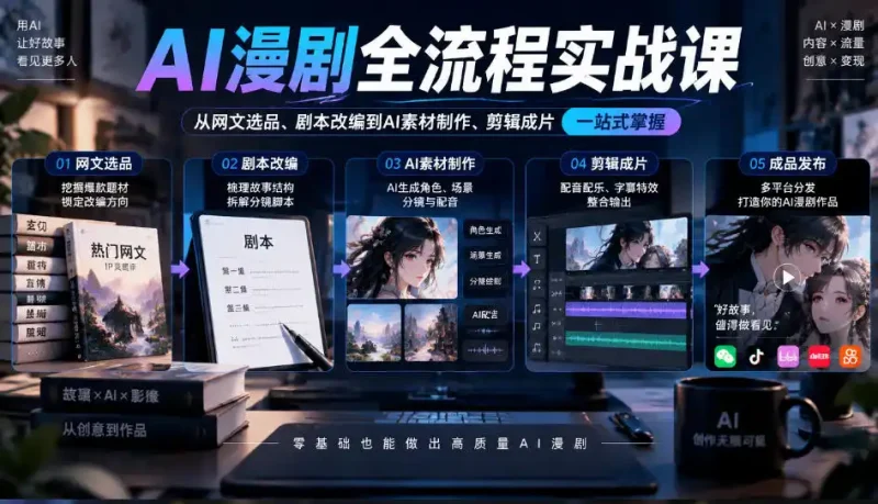 AI漫剧全流程实战课，覆盖从网文选品、剧本改编到AI素材制作、剪辑成片的完整链路-大伟资源网