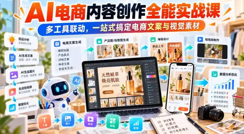 【无水印】AI电商内容创作全能实战课｜多工具联动，一站式搞定电商文案与视觉素材-大伟资源网