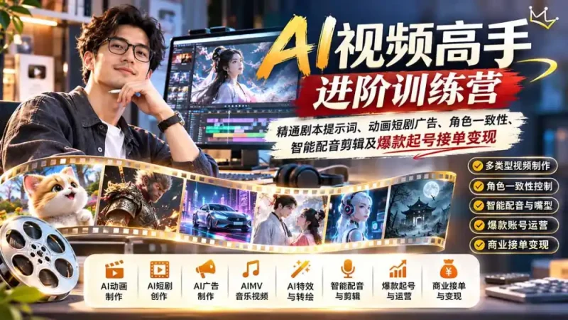 AI视频高手进阶训练营：精通剧本提示词、动画短剧广告、角色一致性、智能配音剪辑及爆款起号接单变现-大伟资源网
