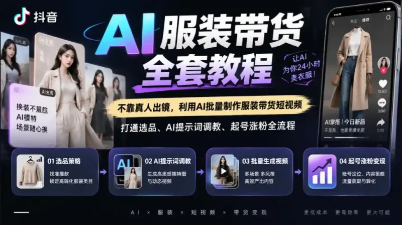 抖音AI服装带货全套教程，不靠真人出镜，利用AI批量制作服装带货短视频，打通选品、AI提示词调教、起号涨粉全流程-大伟资源网
