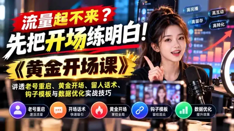 流量起不来？先把开场练明白！《黄金开场课》讲透老号重启、黄金开场、留人话术、钩子模板与数据优化实战技巧-大伟资源网
