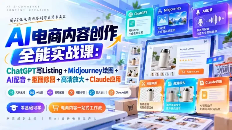 【无水印】AI电商内容创作全能实战课：ChatGPT写Listing+Midjourney绘图+AI配音+抠图修图+高清放大+Claude应用-大伟资源网