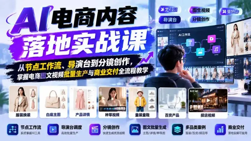 AI电商内容落地实战课：从节点工作流、导演台到分镜创作，掌握电商图文视频批量生产与商业交付全流程教学-大伟资源网