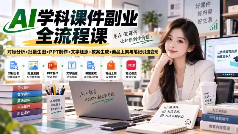 AI学科课件副业全流程课｜对标分析+批量生图+PPT制作+文字还原+教案生成+商品上架与笔记引流变现-大伟资源网