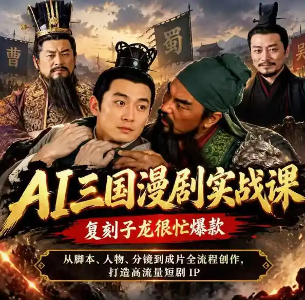 抖音14W粉博主同款AI三国漫剧实战课，复刻子龙很忙爆款，从脚本、人物、分镜到成片全流程创作，打造高流量短剧IP-大伟资源网