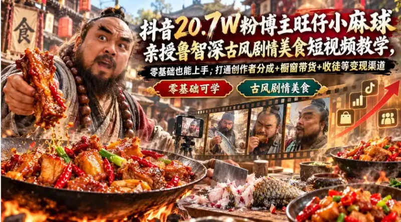 抖音20.7W粉博主旺仔小麻球亲授鲁智深古风剧情美食短视频教学，零基础也能上手，打通创作者分成+橱窗带货+收徒等变现渠道-大伟资源网