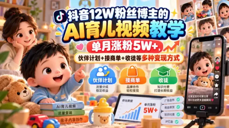 抖音12W粉丝博主的AI育儿视频教学，单月涨粉5W+，伙伴计划+接商单+收徒等多种变现方式-大伟资源网
