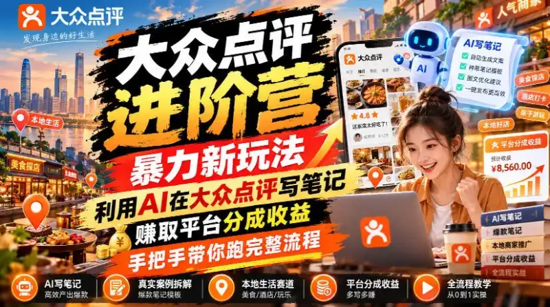 大众点评进阶营，暴力新玩法，利用AI在大众点评写笔记， 賺取平台分成收益，手把手带你跑完整流程-大伟资源网