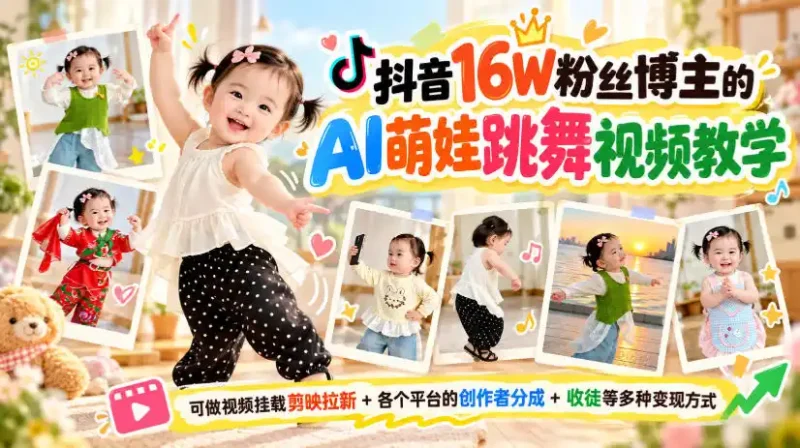 抖音16W粉丝博主的AI萌娃跳舞视频教学，可做视频挂载剪映拉新+各个平台的创作者分成+收徒等多种变现方式，单月1W+-大伟资源网