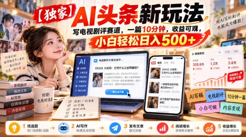 【独家】AI头条新玩法，写电视剧评赛道，一篇10分钟，收益可观，小白轻松日入500+-大伟资源网
