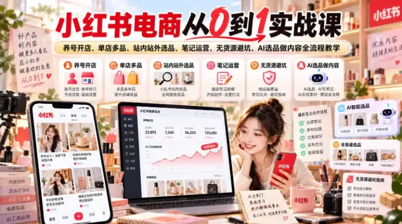 小红书电商从0到1实战课｜养号开店、单店多品、站内站外选品、笔记运营、无货源避坑、AI选品做内容全流程教学-大伟资源网