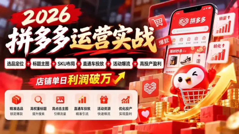 2026拼多多运营实战-更新1002：选品定位+标题主图+SKU布局+直通车投放+活动爆流+高投产盈利 店铺单日利润破万-大伟资源网
