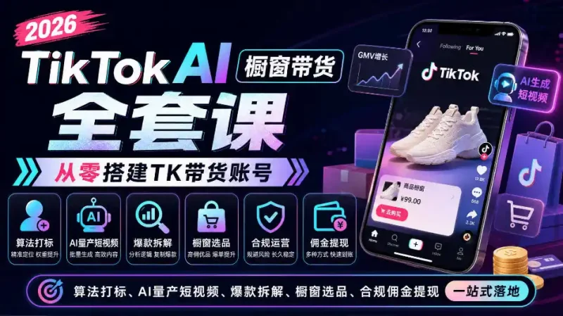2026TikTok AI橱窗带货全套课，从零搭建TK带货账号，算法打标、AI量产短视频、爆款拆解、橱窗选品、合规佣金提现一站式落地-大伟资源网