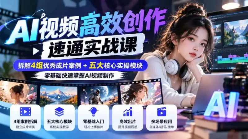 【无水印】AI视频高效创作速通实战课：拆解4组优秀成片案例+五大核心实操模块，零基础快速掌握AI视频制作-大伟资源网