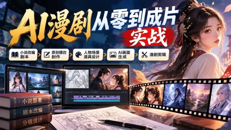 AI漫剧从零到成片实战：小说改编剧本、原创模仿创作、人物场景道具设计、AI画面生成与漫剧剪辑-大伟资源网