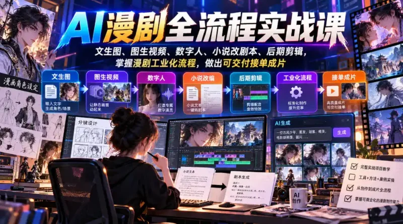 AI漫剧全流程实战课，文生图、图生视频、数字人、小说改剧本、后期剪辑，掌握漫剧工业化流程，做出可交付接单成片-大伟资源网