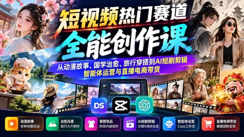 短视频热门赛道全能创作课：从动漫故事、国学治愈、旅行穿搭到AI短剧剪辑、智能体运营与直播电商带货-大伟资源网