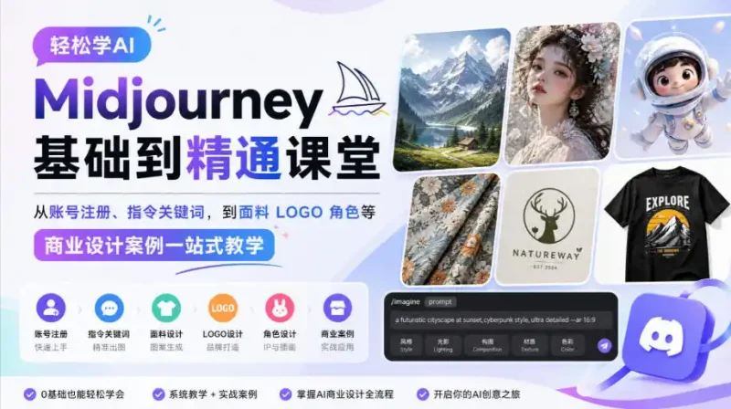 轻松学AI Midjourney基础到精通课堂，从账号注册、指令关键词，到面料LOGO角色等商业设计案例一站式教学-大伟资源网