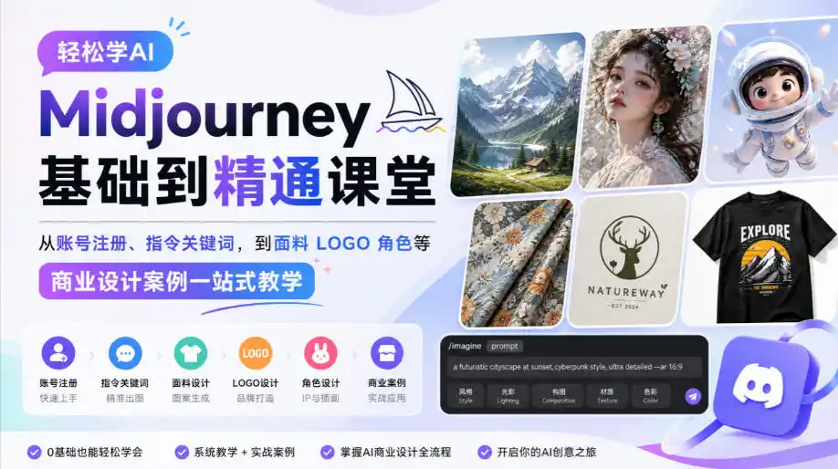 轻松学AI Midjourney基础到精通课堂，从账号注册、指令关键词，到面料LOGO角色等商业设计案例一站式教学