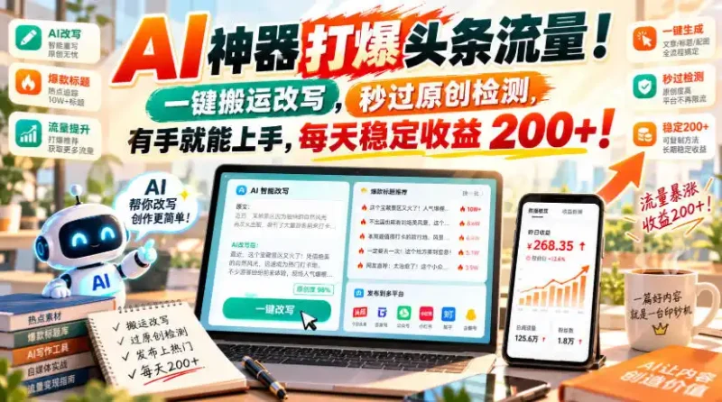 AI神器打爆头条流量，一键搬运改写，秒过原创检测，有手就能上手，每天稳定收益200+！【揭秘】-大伟资源网