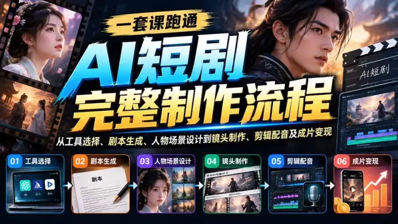 一套课跑通AI短剧完整制作流程:从工具选择、剧本生成、人物场景设计到镜头制作、剪辑配音及成片变现-大伟资源网
