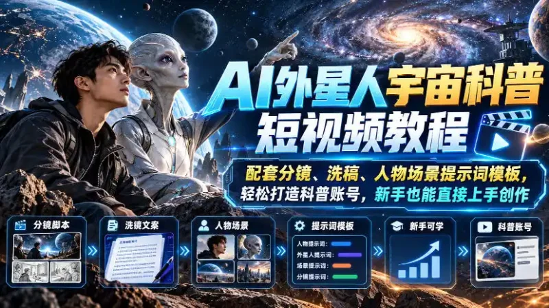 AI外星人宇宙科普短视频教程,配套分镜、洗稿、人物场景提示词模板,轻松打造科普账号,新手也能直接上手创作-大伟资源网
