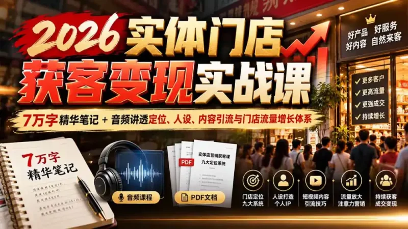 2026实体门店获客变现实战课：7万字精华笔记+音频讲透定位、人设、内容引流与门店流量增长体系-大伟资源网