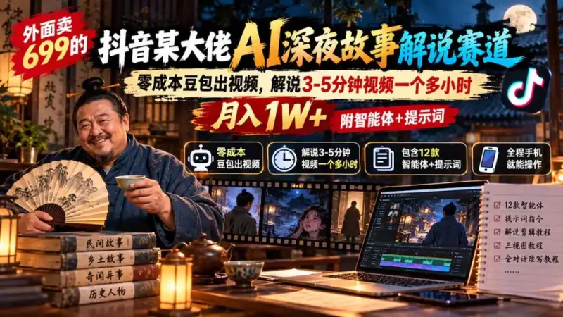 外面卖699抖音某大佬AI深夜故事解说赛道-更新：0成本豆包出视频+解说3-5分钟视频一个多小时，月入1W+附智能体+提示词-大伟资源网